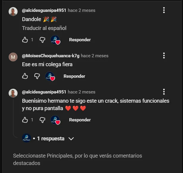 Captura real: Comentarios del canal